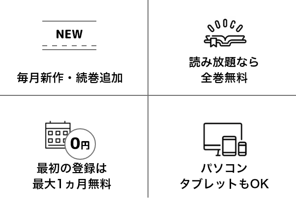 全巻無料の読み放題、PC・タブレットもOK